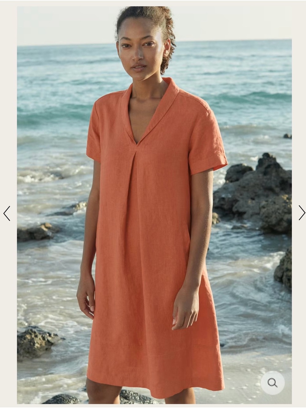 Poetry Coral-Orange V-Neck Short Sleeve linen A-Line Dress